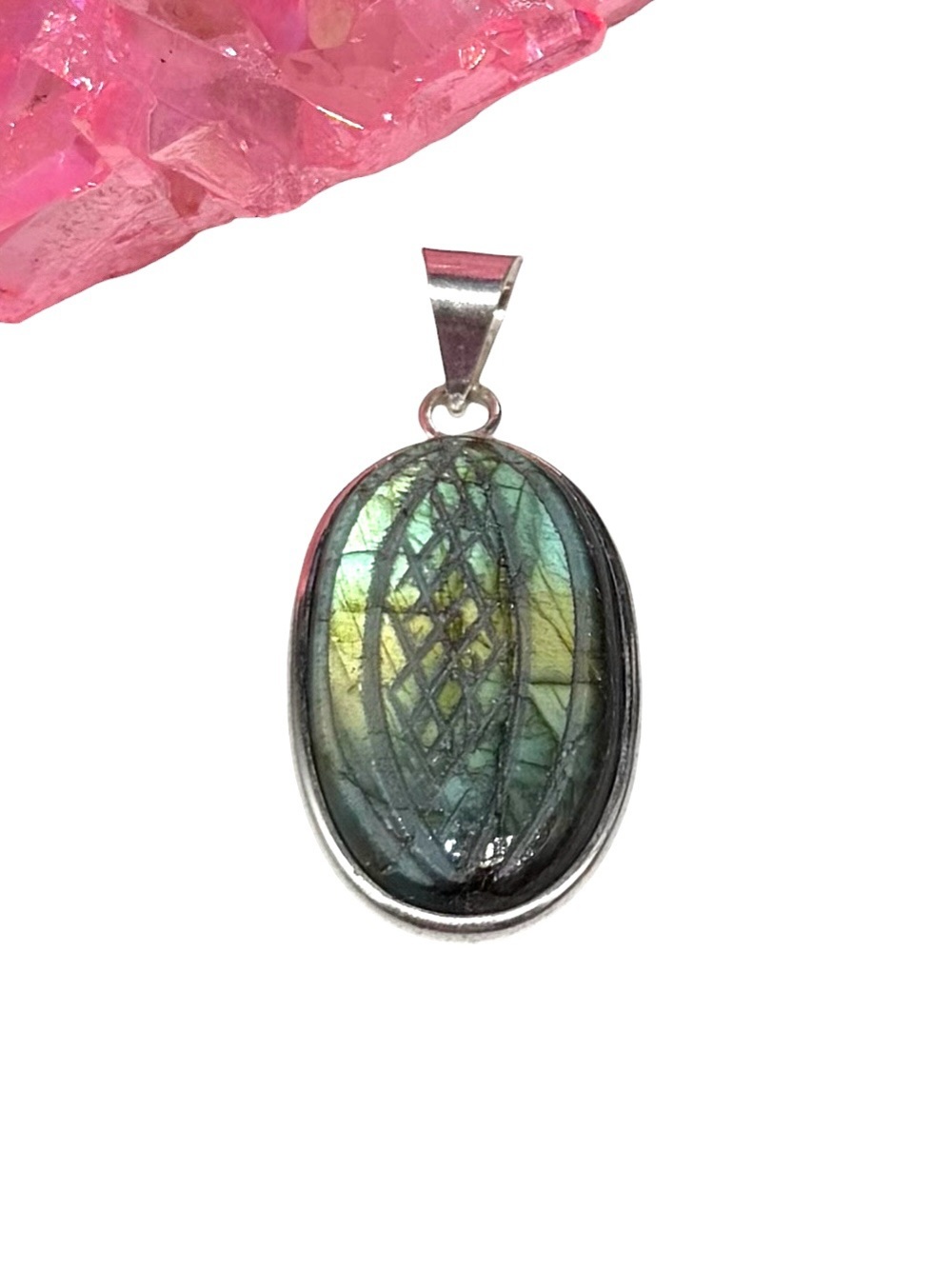 Carved Labradorite Necklace Pendant 925 Sterling Silver Overlay